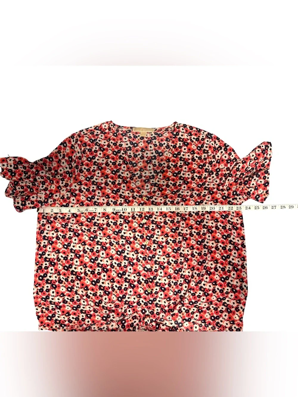 Michael Kors Floral Tie-Front V-Neck Ruffle SS Pink & Blue Blouse Top